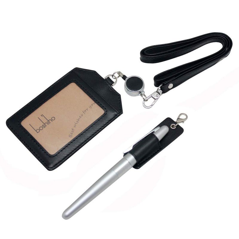 boshiho Office Badge Holder - Boshiho Genuine Leather Credit ID Card Holder with Stretch Neck Lanyard Vertical Style (Black) - Image 2